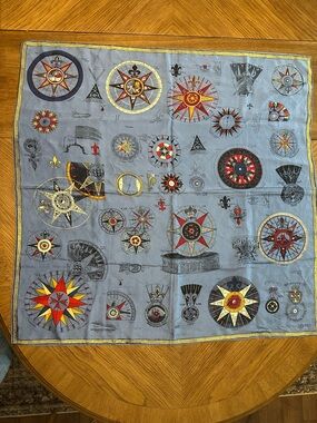 ESPRIT Navy Compass Print Silk Scarf with Red & Yellow Accents
